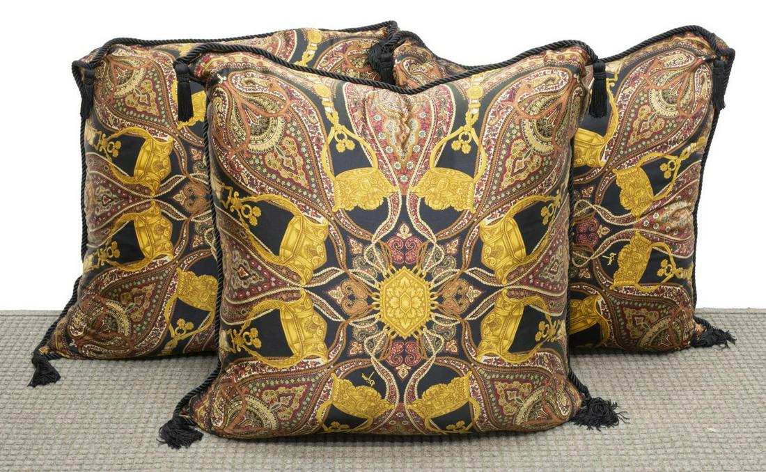 (3) BIJAN SILK SCARF DOWN-FILLED THROW PILLOWS: (lot of 3) Bijan silk scarf pillows, having black woven trim and tassels, down-filled, approx 8"h, 31"w, 31"d Start Price: $80.00
