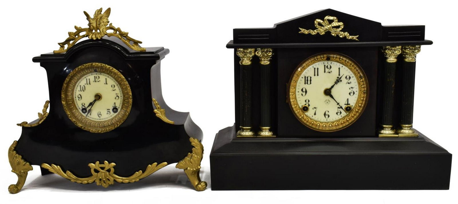 (2) AMERICAN ANSONIA 'MONTAGUE' & VICTORIAN CLOCKS: (lot of 2) American Ansonia mantel clocks, comprising: (1) "Montague" shelf clock, having back painted iron case, in Louis XV style, time and strike movement, with patinated metal mounts, enamel face,