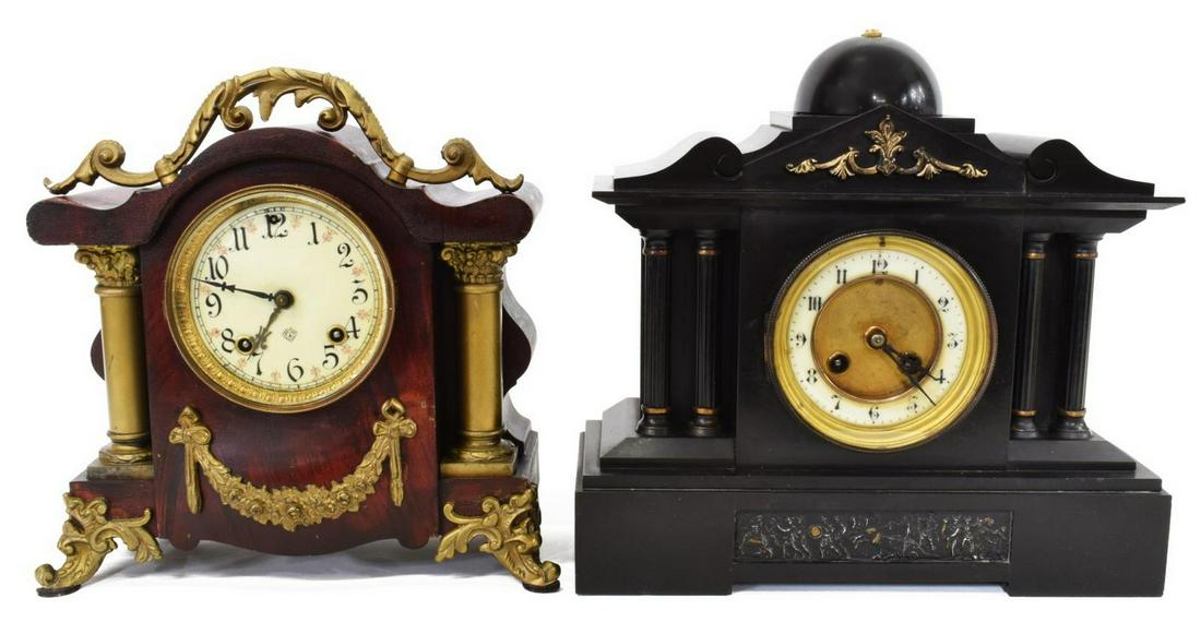 (2)AMERICAN ANSONIA & FRENCH R & CO. MANTEL CLOCKS: (lot of 2) Mantel clocks, comprising: (1) French, in black case, with dome top, having gilt foliate accents, black Arabic numerals, time and strike movement, R & Co. (Richard & Co.) movement, hinged g