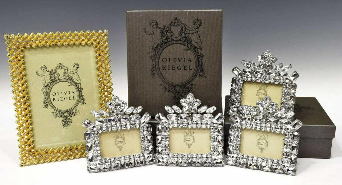 (5) OLIVIA RIEGEL RHINESTONE-SET PICTURE FRAMES: (lot of 5) Olivia Riegel picture frames, all in original boxes, including: (4) "Tiara" frames, silver-tone metal, with prong-set clear rhinestones and European crystals, sight: approx 2"h, 3"w, overal