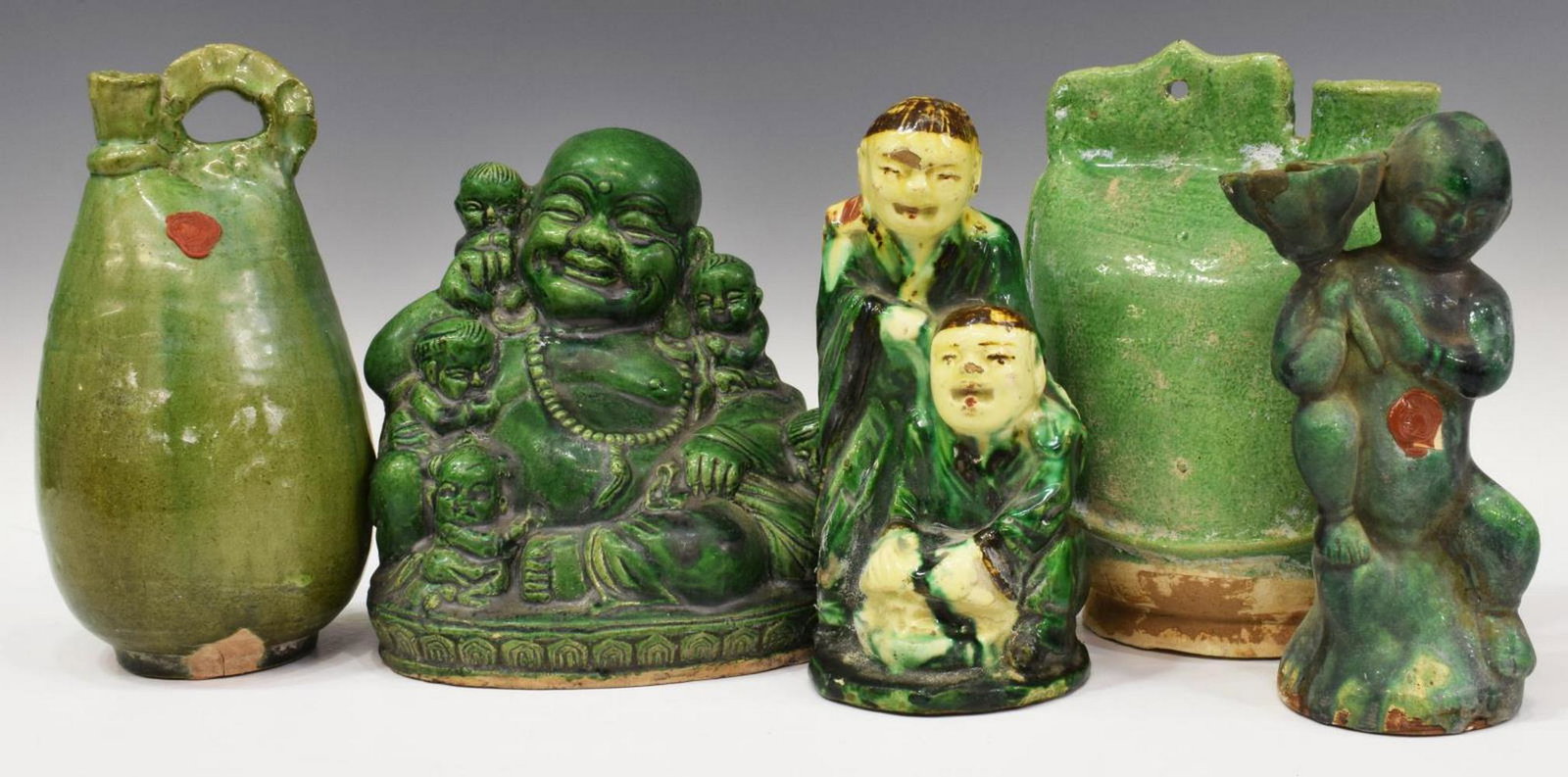 (5) CHINESE CERAMIC BUDDHA FIGURES & WATER HOLDERS: (lot of 5) Chinese glazed ceramic figures and water containers, including: (1) laughing Buddha with children, green glazed earthenware, retaining seal underfoot, approx 6"h, 6.5"diam, (1) seated Buddh