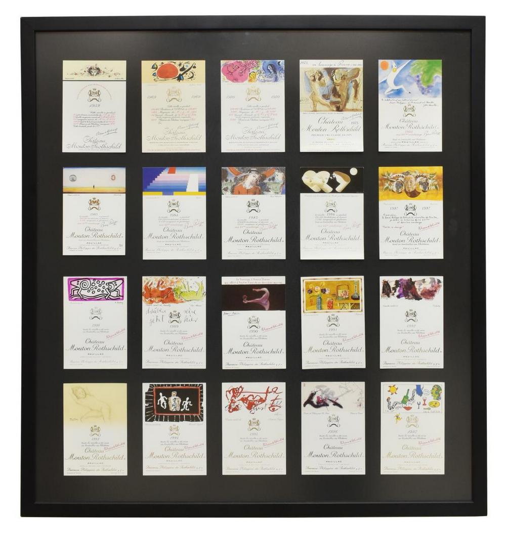 FRAMED CHATEAU MOUTON ROTHSCHILD ART WINE LABELS: Framed wine labels, (twenty) Chateau Mouton Rothschild labels, featuring artists Leonor Fini (1952), Joan Miro (1969), Marc Chagall (1970), Pablo Picasso (1973), John Huston (1982), Saul Steinberg (19