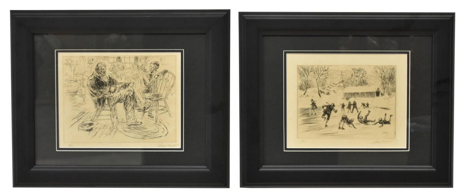 (2) HAROLD DENISON (1887-1940) WPA-ERA ETCHINGS: (lot of 2) Framed American Artists Group etchings on paper, signed lower right Harold Denison (Harold Thomas Denison, Michigan, New York, 1887-1940), c.1935, including: (1) "The Tramp," numbered lower