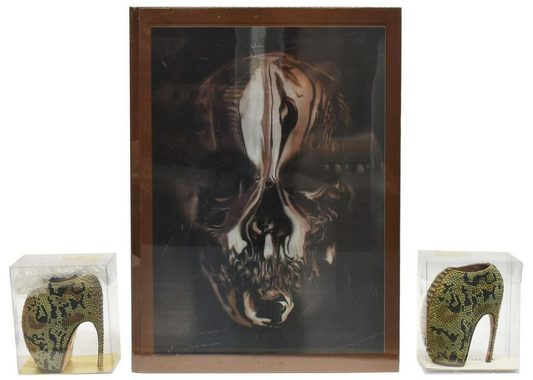 (3) ALEXANDER McQUEEN SAVAGE BEAUTY BOOK & SHOES: (lot of 3) Alexander McQueen (British, 1969-2010), including: (1) hardcover book: "Alexander McQueen: Savage Beauty," Andrew Bolton, published by the Metropolitan Museum of Art, approx 13.5"h, 10"w, (