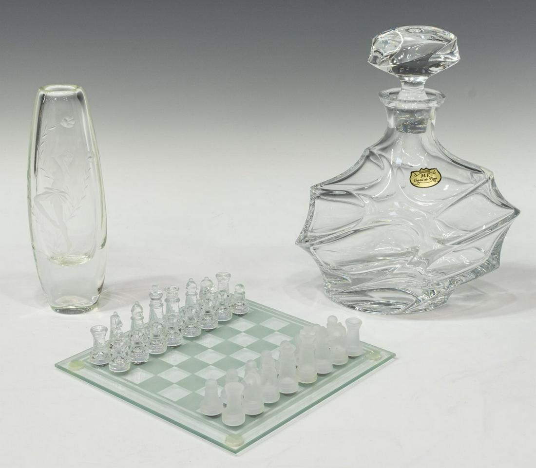 (3) GLASS CHESS SET, CRYSTAL DECANTER & VASE: (lot of 3) Crystal and glassware, including: (1) A. Testoni chess set, with frosted and clear glass board and chess pieces, housed in a branded box, board: approx 7 5/8"w, 7 5/8''d, (1) Cristal de Par