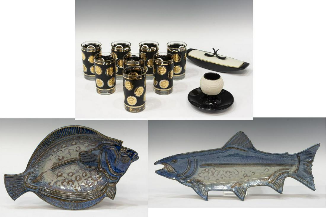 (12) DECORATIVE TABLEWARE, MATCH STRIKER, GLASSES: (lot of 12) Decorative tableware, including: (8) mid-century modern highball/ tumbler glasses, Libbey, with gilt coin pattern, textured black ground, approx 5"h, 2.75"diam, (1) black glazed porcelain 