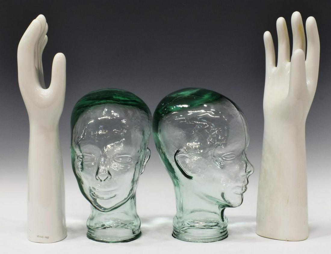 (4) PORCELAIN GLOVE MOLDS & GLASS DISPLAY HEADS: (lot of 4) Display items, including: (2) porcelain glove molds, size 8.5, approx 17"h, (2) glass mannequin heads, approx 11.5"h; 10lbs total Start Price: $50.00