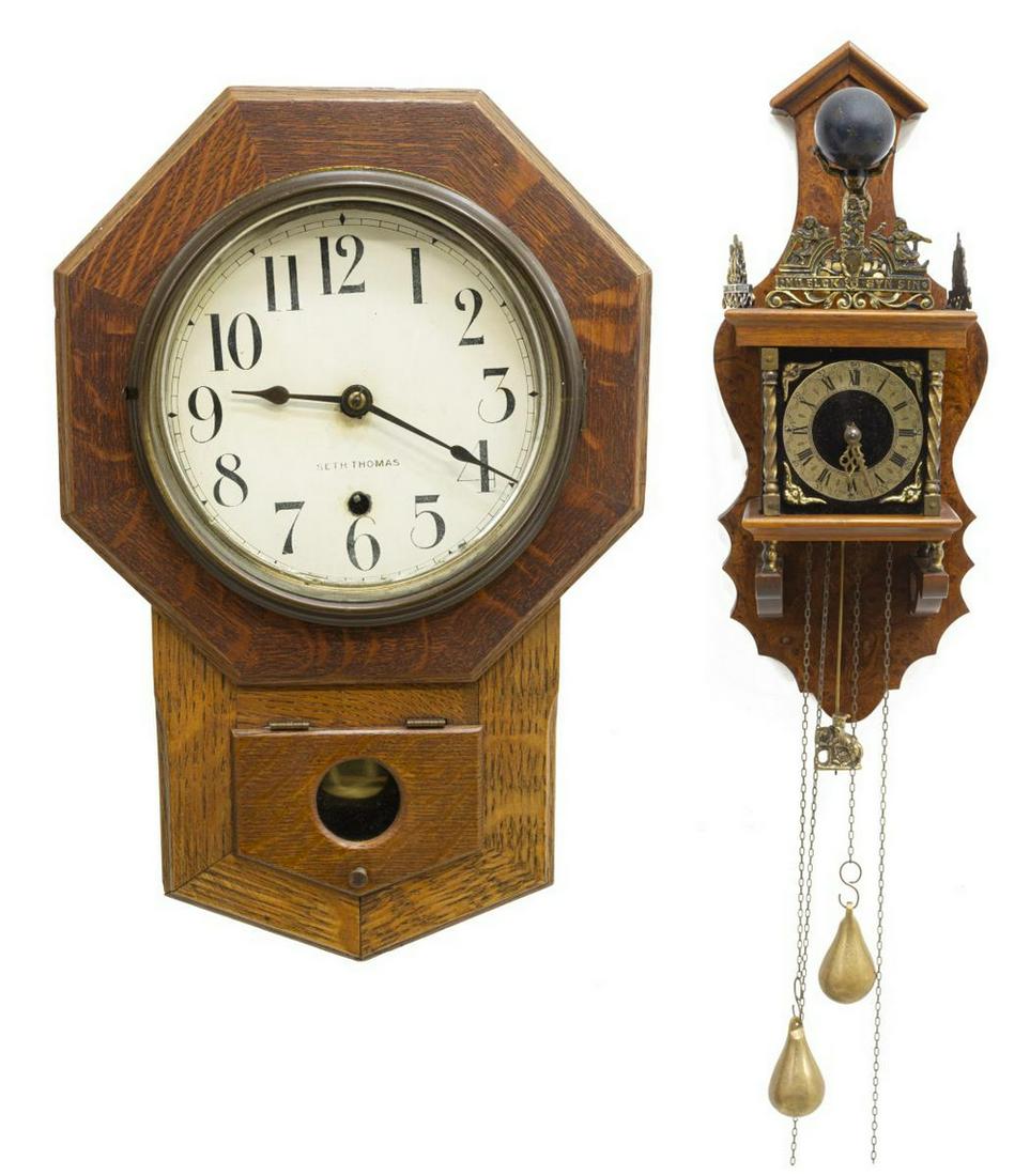 (2) DUTCH ZAANDAM STYLE CLOCK & SETH THOMAS OAK: (lot of 2) Wall clocks, including: (1) American octagonal drop, Seth Thomas, oak case, housing white dial with black Arabic numerals, time only movement, approx 17.5"h, 11.5"w, 5"d, (1) Dutch Zaandam
