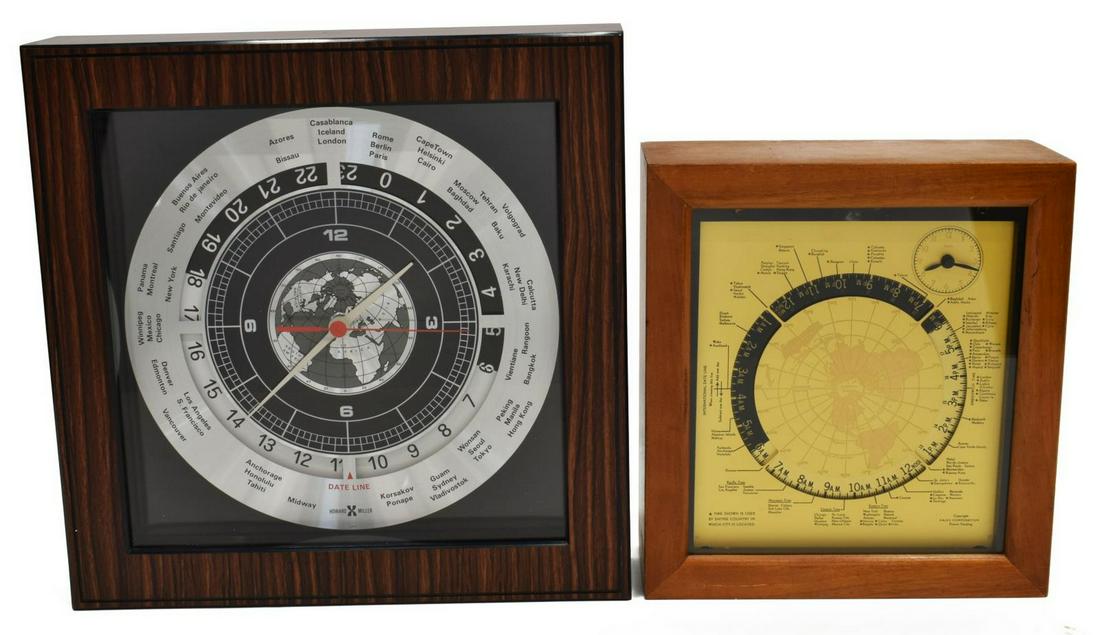 (2) VINTAGE HOWARD MILLER & KALEX WORLD CLOCKS: (lot of 2) Vintage world desk clocks, mid to late 20th c., including: (1) Howard Miller, model 622-337, silver-tone metal dial with date line, in rosewood finish case, battery operated, approx 12"h, 1