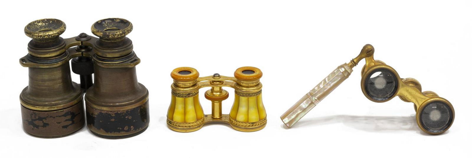 3) ENGLISH FIELD BIONOCULARS, FRENCH OPERA GLASSES: (lot of 3) Optics, including: (1) French gilt metal and mother of pearl opera glasses, Lemaire, Paris, engraved L.B. Bryant, housed in fitted case, (1) French gilt metal and mother of pearl opera glas