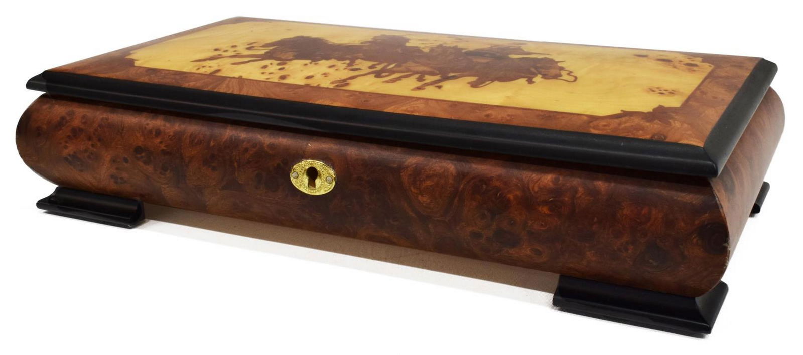 ITALIAN REUGE MOVEMENT MARQUETRY MUSIC BOX: Italian music box, late 20th c., Reuge Swiss musical movement, marquetry lid with chariot scene, interior with visible cylinder, raised on bracket feet, plays "Auld Lang Syne," approx 3"h, 13"w, 7"d,