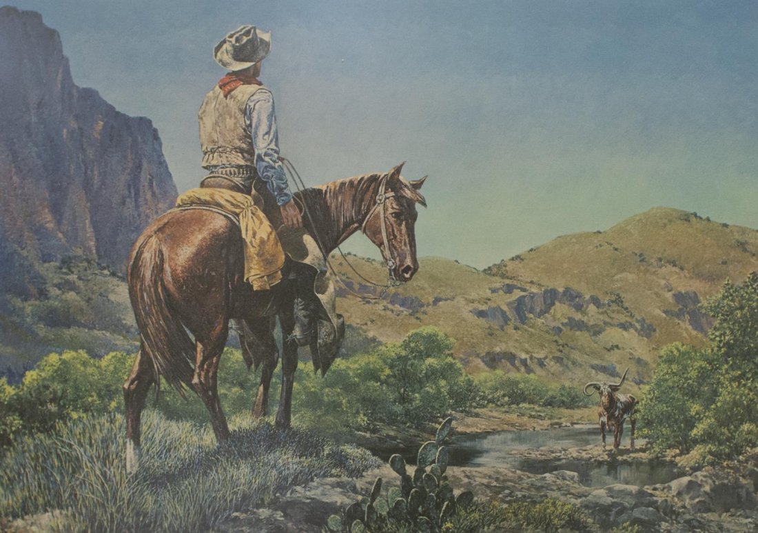 TOM LEA (1907-2001) PENCIL SIGNED & TITLED PRINT: Framed print on paper, "And There He Was," pencil signed and titled below the print Tom Lea, El Paso (Thomas Calloway Lea III, Texas, 1907-2001), stain at left margin outside of image, sight: 17"h, 23
