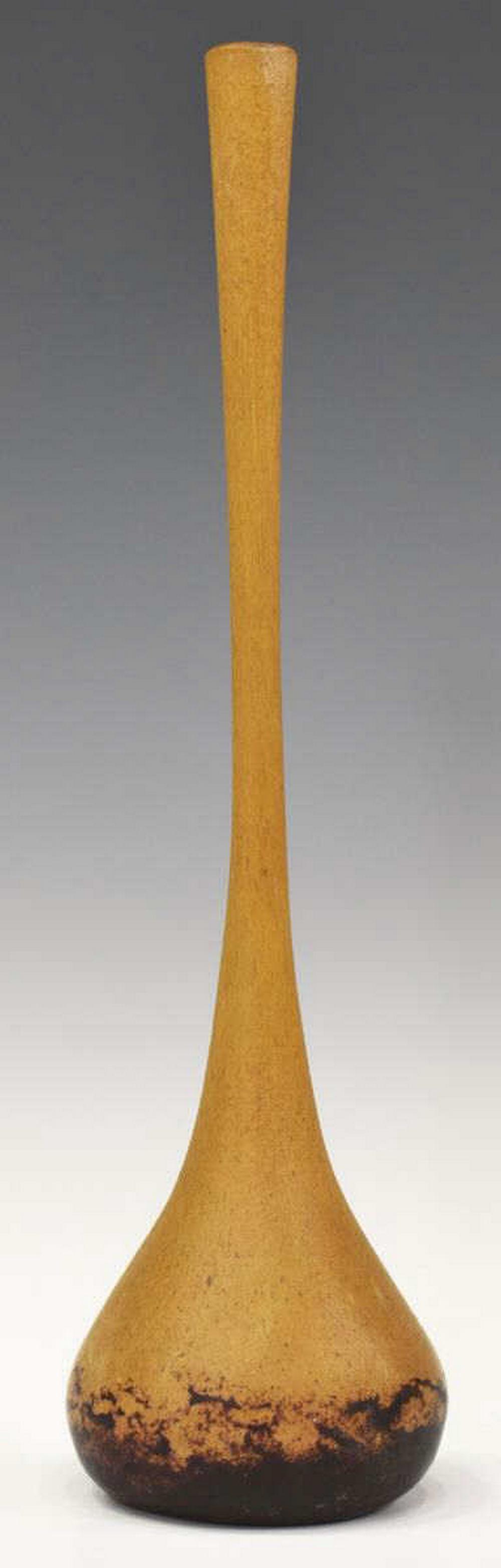 FRENCH DAUM NANCY ART GLASS STICK BUD VASE: French art glass stick bud vase, marked Daum, Nancy, c.1900, narrow neck over bulbous base, approx 12"h, 3"diam, 0.5lbs Start Price: $150.00