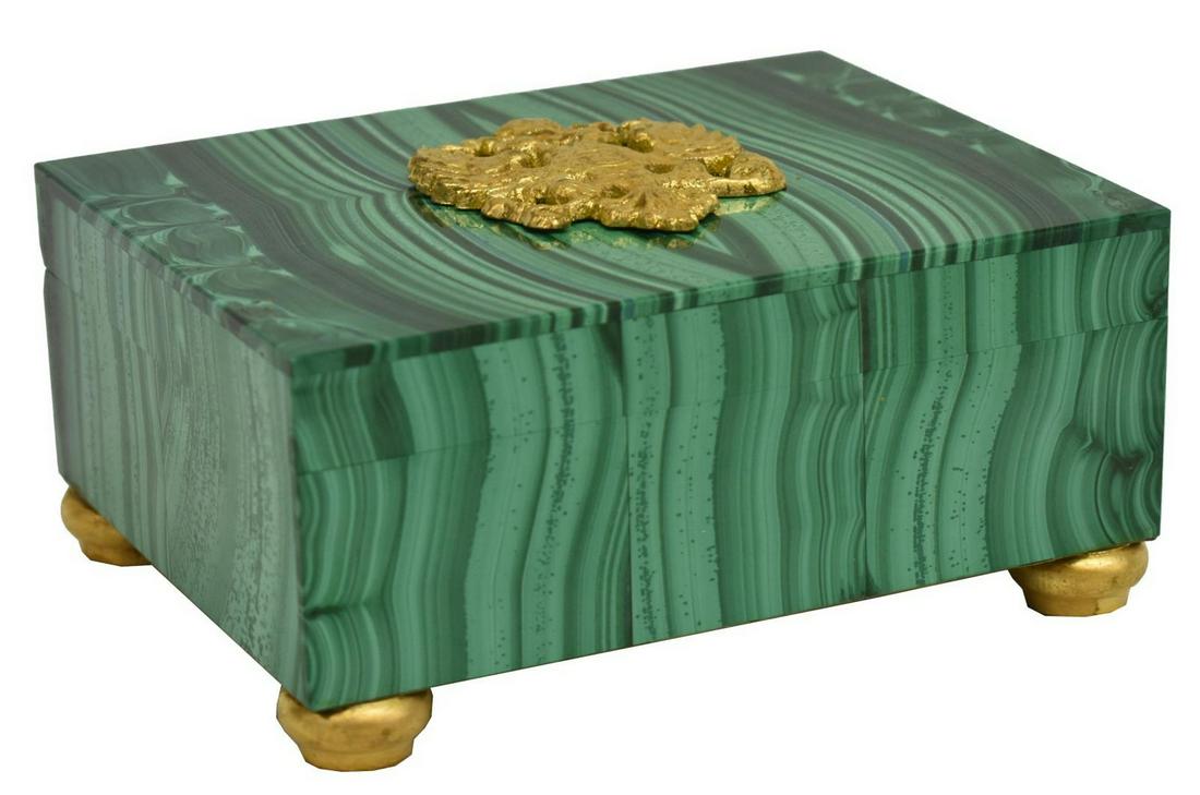 GILT METAL MOUNTED GREEN MALACHITE TABLE BOX: Green malachite table box with gilt metal mounts, rectangular case with intense coloring, decorated with gilt metal Russian Imperial Eagle crest, flip top revealing black velvet and slate lined interi