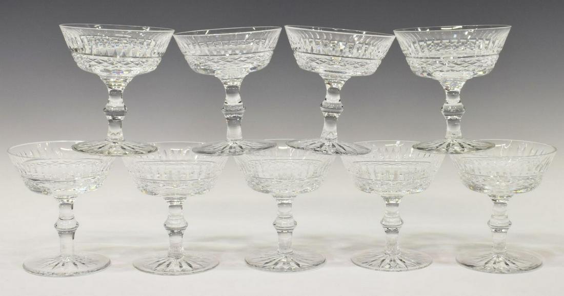 (9) WATERFORD 'TRAMORE' CRYSTAL CHAMPAGNE SHERBETS: (lot of 9) Waterford "Tramore" cut crystal champagne coupes/ tall sherbets, with vertical and crossed cuts, on a shaped stem, acid-etched maker's mark underfoot, approx 4.5"h, 4 1/8"diam; 6.5lbs total