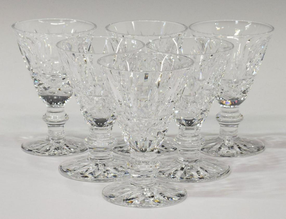 (6) WATERFORD 'TRAMORE' CUT CRYSTAL CORDIAL STEMS: (lot of 6) Waterford "Tramore" cut crystal cordial glasses, with vertical and crossed cuts, on a shaped stem, acid-etched maker's mark underfoot, approx 2 7/8"h, 1 7/8"diam; 1.25lbs total **Note: addi