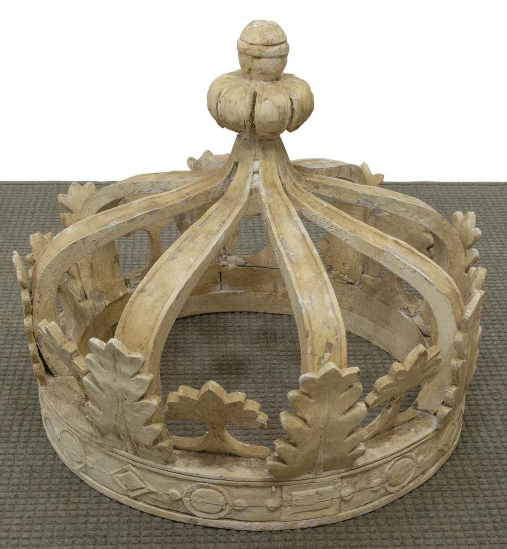 LARGE FRENCH CARVED WOOD ARCHITECTURAL CROWN: Large French carved and distress painted wood architectural crown, top finial over eight arches, having acanthus leaves and other foliate elements, approx 28.5"h, 35.5"diam Start Price: $150.00