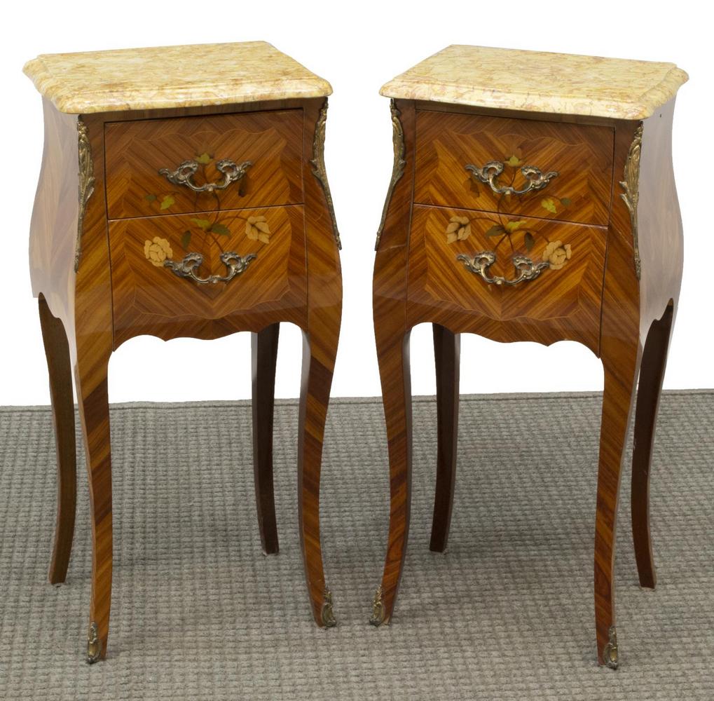 (2) FRENCH LOUIS XV STYLE MARBLE-TOP SIDE TABLES: (pair) French Louis XV style marquetry nightstands, 20th c., each having molded marble top, over matched veneer case with polychrome floral marquetry, two drawers rise on slim legs ending in metal sab