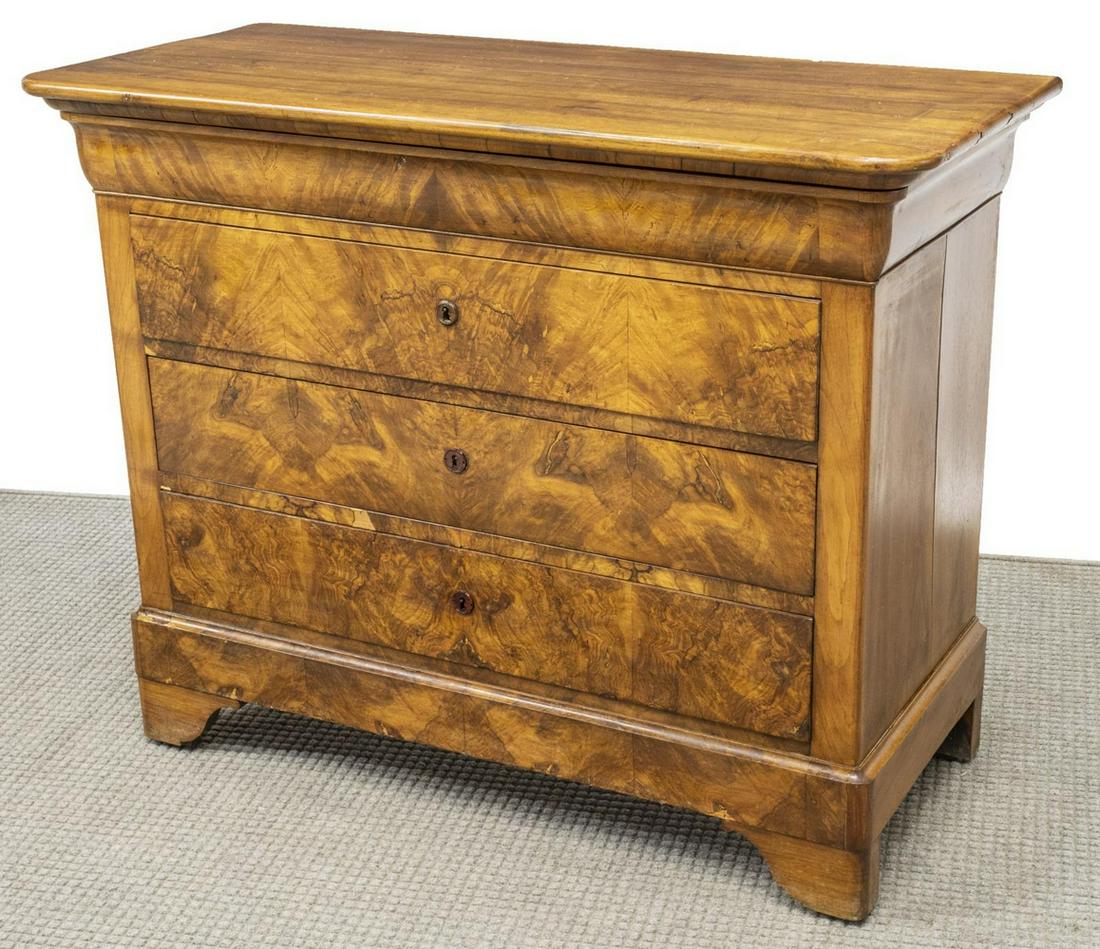 FRENCH LOUIS PHILIPPE PERIOD FIGURED COMMODE: French Louis Philippe figured walnut commode, mid 19th c., top ogee drawer, three additional drawers below, rising on bracket feet, splits to side panels, veneer loss, approx 37.5"h, 47.75"w, 21"d Sta