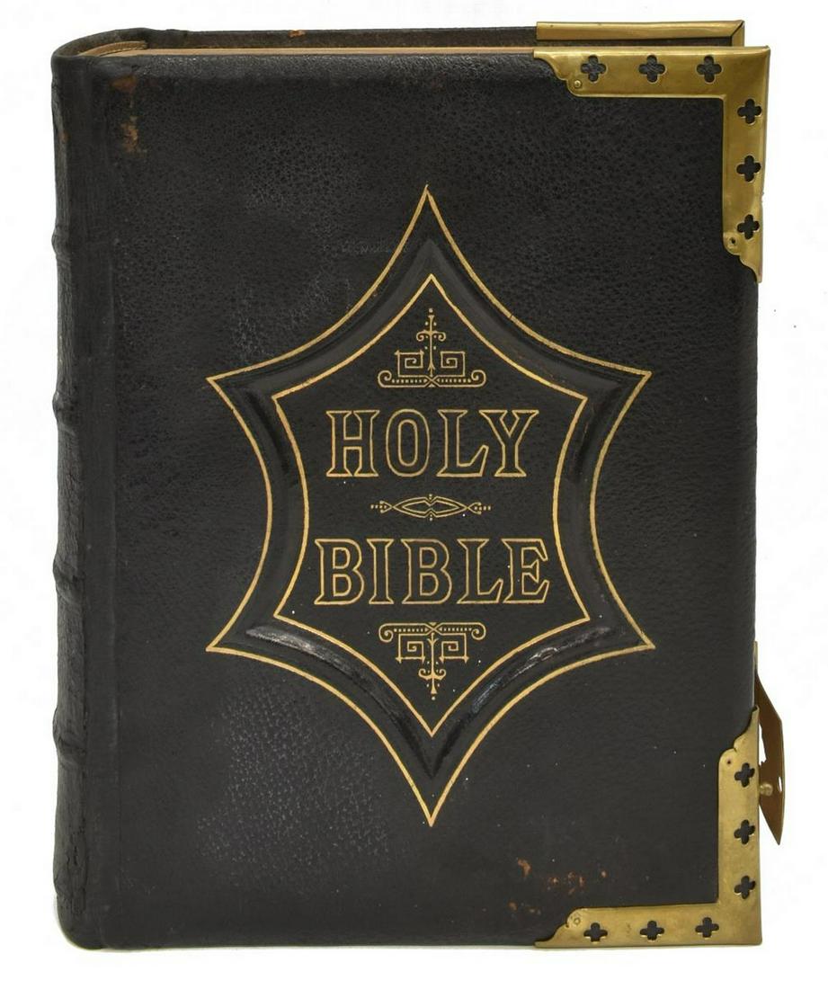 LEATHER-BOUND ILLUSTRATED NATIONAL FAMILY BIBLE: Book: The Illustrated National Family Bible, with the commentaries of Scott and Henry, edited by the Reverend John Eadie, published by Clark & Co., London, gilt embossed black leather binding, spine w