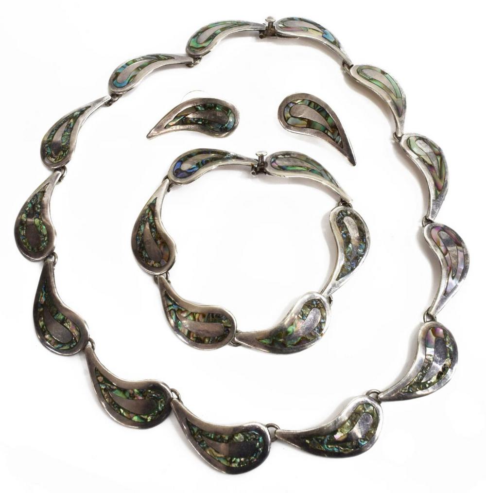 (LOT) TAXCO MEXICO STERLING & ABALONE JEWELRY SET: (lot) Sterling silver jewelry, Taxco, Mexico, hallmarked BJ, paisley-form links with abalone inlay, including: (1) necklace, approx 15.5"l, (1) bracelet, approx 7"l, (pair) earrings, for pierced ears,