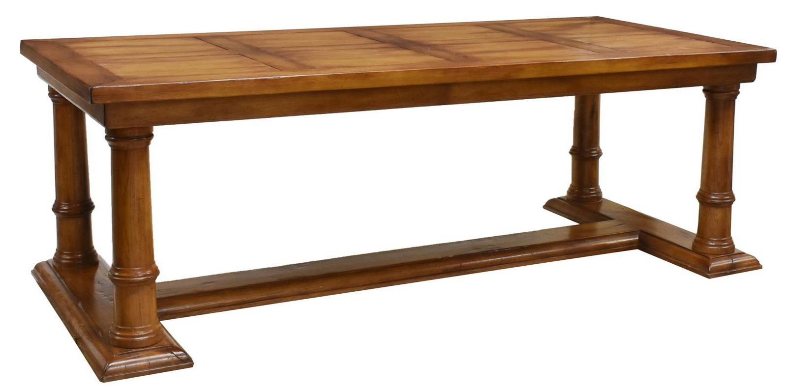 LARGE FRENCH DE TONGE OAK DINING TABLE, 87"l: Large French oak dining table, Maison De Tonge,20th c., rectangular top, rising on turned legs, joined by H stretcher base, approx 29.75"h, 86.75"l, 39.5"w Start Price: $200.00