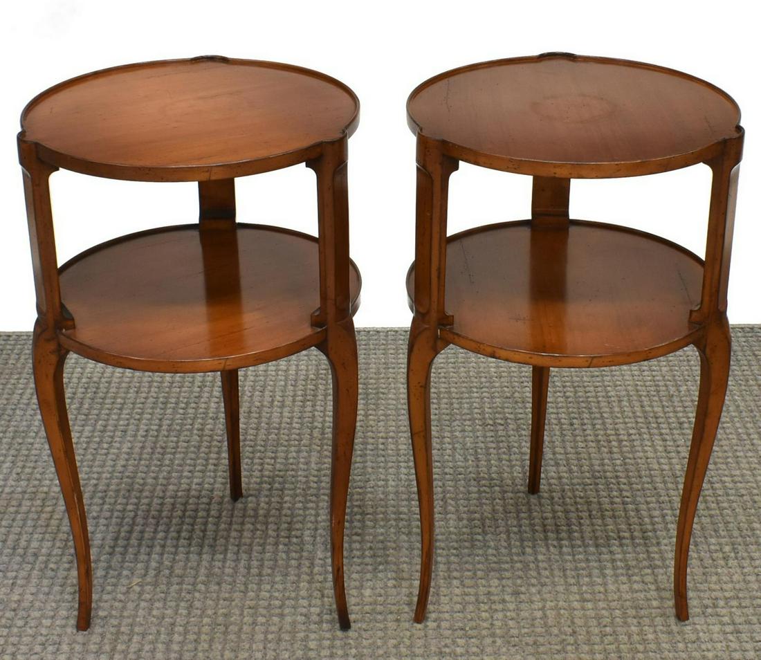 (2) ROCHE BOBOIS LOUIS XV STYLE FRUITWOOD STANDS: (pair) French Louis XV style fruitwood side tables, Roche Bobois, 20th c., two circular tiers, on cabriole legs, approx 26.5"h, 15.75"diam Start Price: $150.00