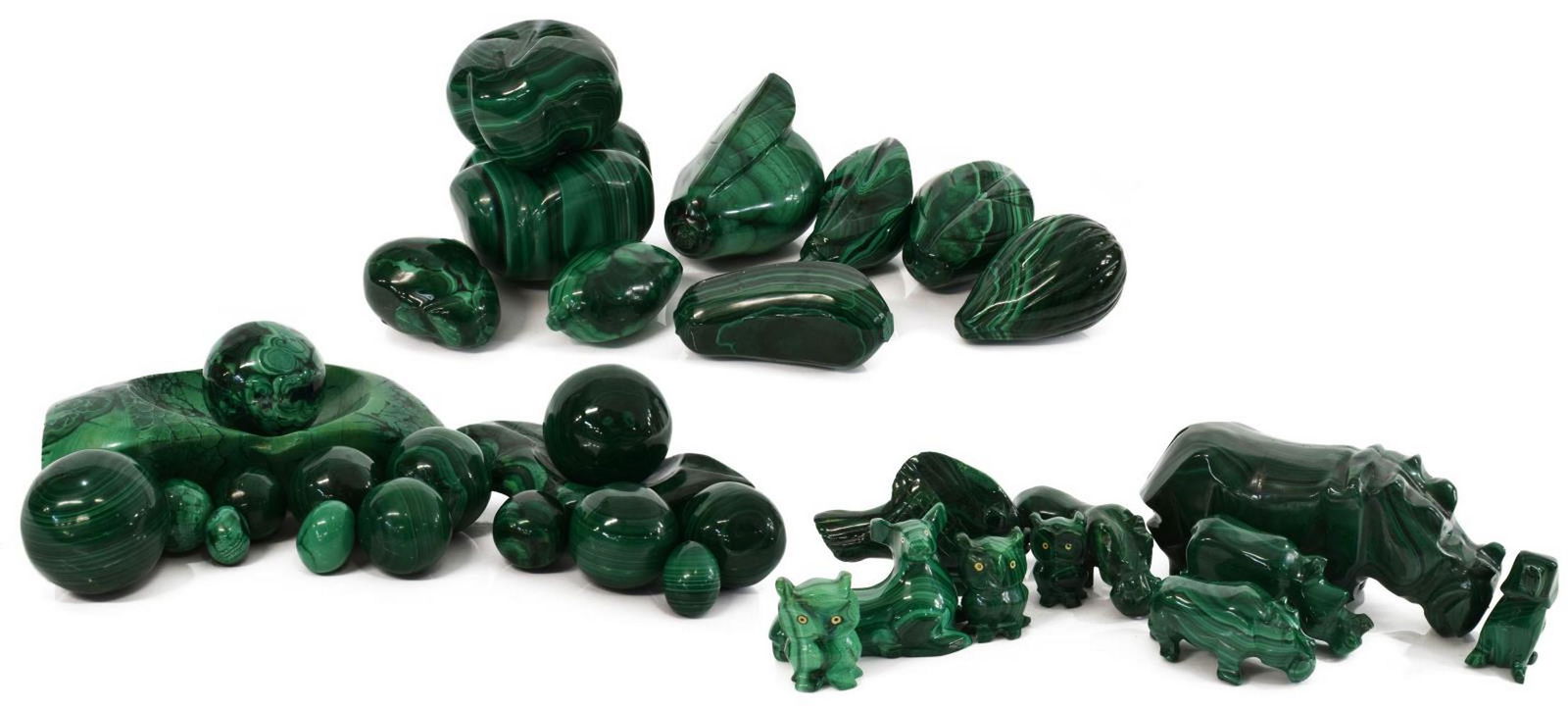 (35) CARVED & POLISHED MALACHITE FIGURES, MARBLES: (lot of 35) Carved and polished malachite, including various animals, fruit, and spheres/ marbles, some with loss, largest: approx 2"h, 6.75"w, 3"d, 15.25lbs total Start Price: $200.00