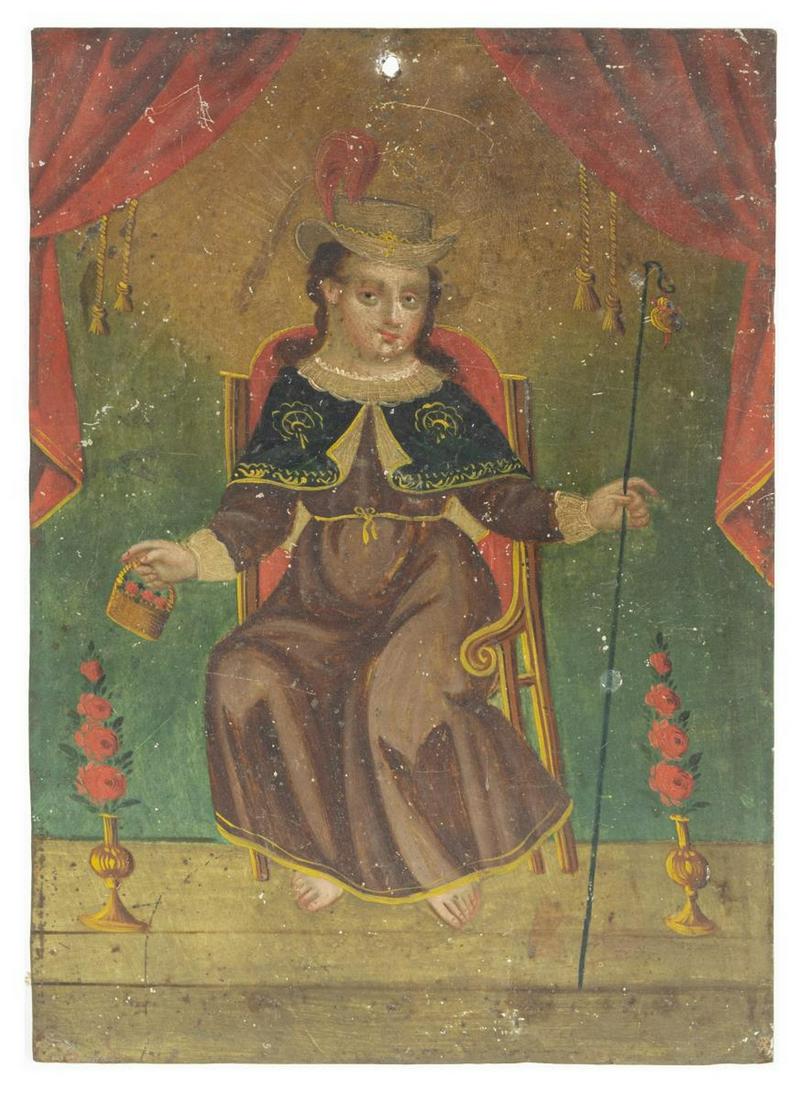 RELIGIOUS RETABLO HOLY INFANT OF ATOCHA, MEXICO: Unframed religious retablo oil painting on metal panel, Mexico, 19th c., depicting the Holy Infant of Atocha, having pilgrims hat and cloak, bare feet, holding a basket of flowers and staff, flanked b
