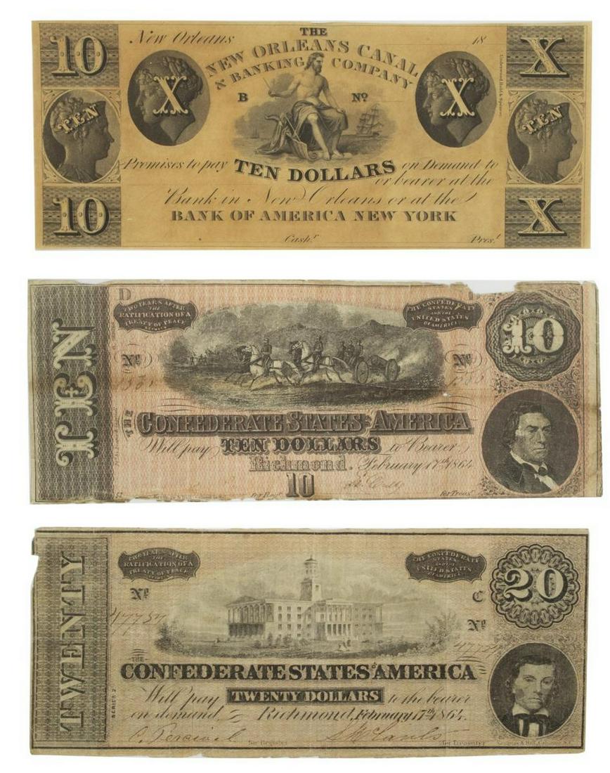 (3) CONFEDERATE & NEW ORLEANS CANAL CURRENCY: (1) Confederate State of America Twenty Dollar note, seventh issue, February 17, 1864, depicts CSA Vice President Alexander H. Stevens (1812-1883); (1) Confederate States of American Ten Dollar Note, 