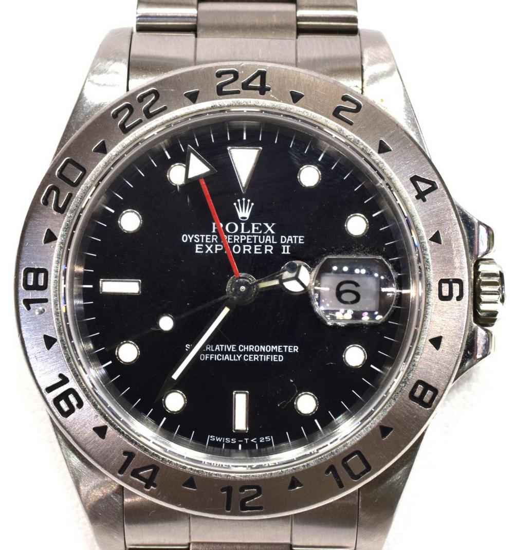 ROLEX OYSTER PERPETUAL DATE EXPLORER II WATCH: Rolex Oyster Perpetual Date Explorer II self winding watch, Rolex black face further marked 'Superlative Chronometer, Officially Certified", stainless steel Rolex 78360 Oyster bracelet, fixed 24 hour
