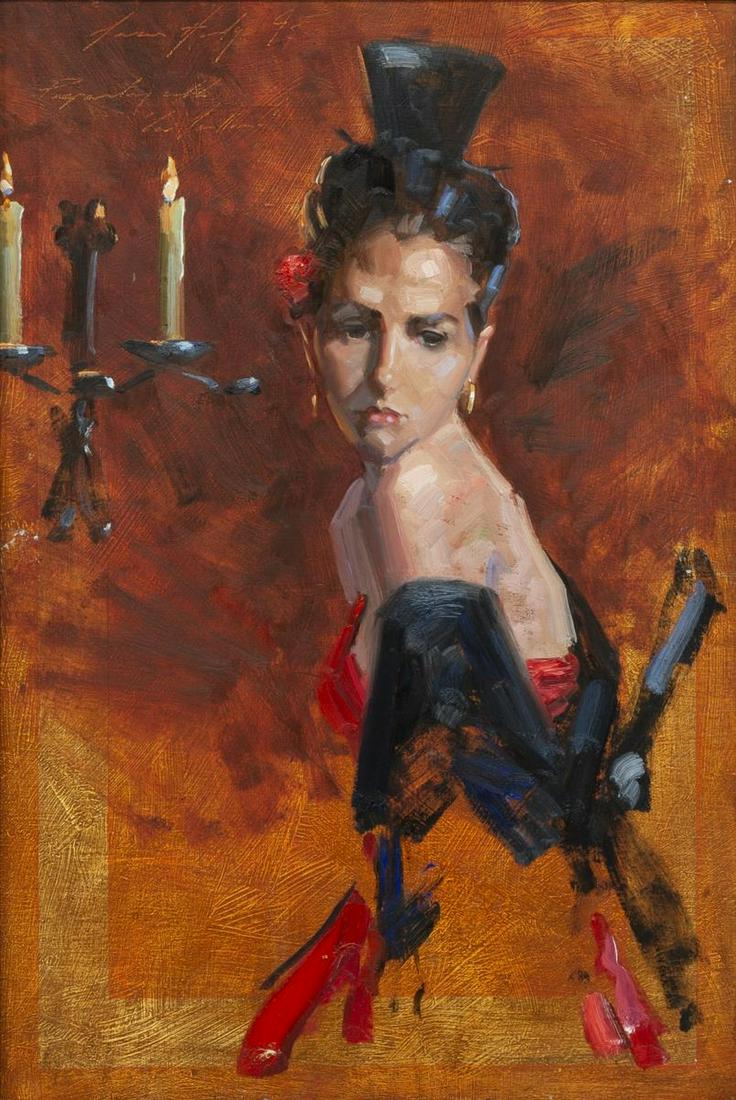 MARCUS HODGE (B.1966) 'LA SEVILLANA' OIL ON BOARD: Framed oil on board painting, "La Sevillana," signed upper left Marcus Hodge (England, b.1966), dated 1994, George Attal Arts label verso with title, sight: approx 23"h, 15"w, overall: approx 31.5"h, 