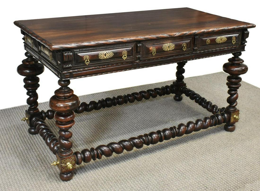 PORTUGUESE BAROQUE METAL-MOUNTED OAK TABLE, 18TH C: Portuguese Baroque metal-mounted oak table, 18th c., rectangular top with molded edge, over frieze drawers, faux drawers on back and sides, rising on spiral turned legs, joined by box stretcher, appro