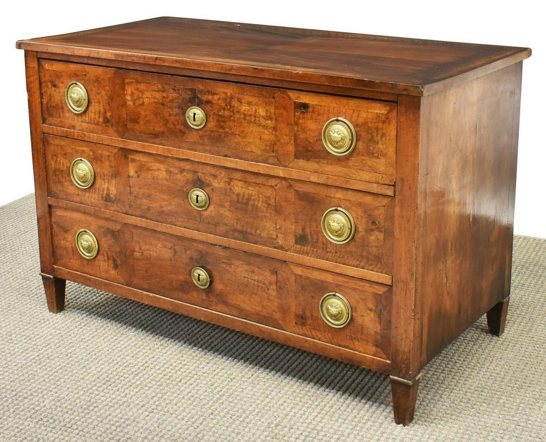 FRENCH LOUIS XVI PERIOD THREE-DRAWER COMMODE: French Louis XVI period commode, 18th c. with later elements, three parquetry-faced drawers, rising on tapered square legs, restoration, later hardware, approx 32.5"h, 49.75"w, 24.75"d Start Price: $8