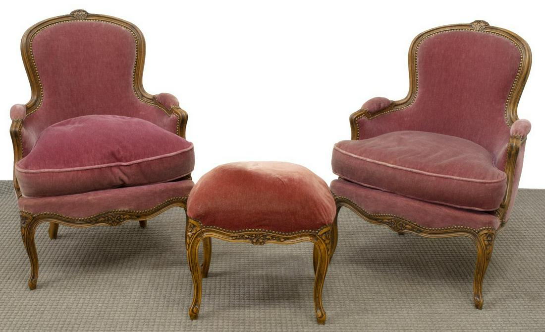 (3) LOUIS XV STYLE CARVED SEATING GROUP & STOOL: (lot of 3) French Louis XV style seating group, comprising: (2) bergere armchairs, each carved with floral elements, upholstered back and down filled loose cushion seat, on cabriole legs, approx 35.25