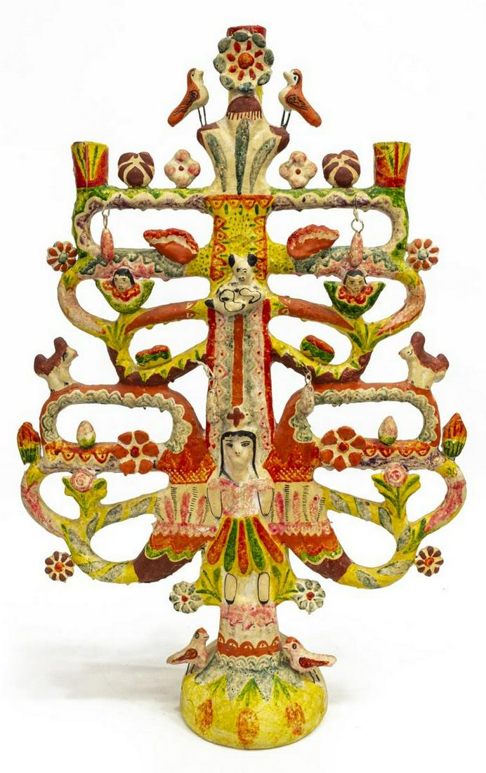 AURELIO FLORES (ATTR) TREE OF LIFE POTTERY, MEXICO: Mexican polychrome earthenware "Tree of Life" sculpture, mid 20th c., attributed to Aurelio Flores, decorated with a central figure surrounded by vegetative life, flowers, and birds, approx 26"h, 17"w