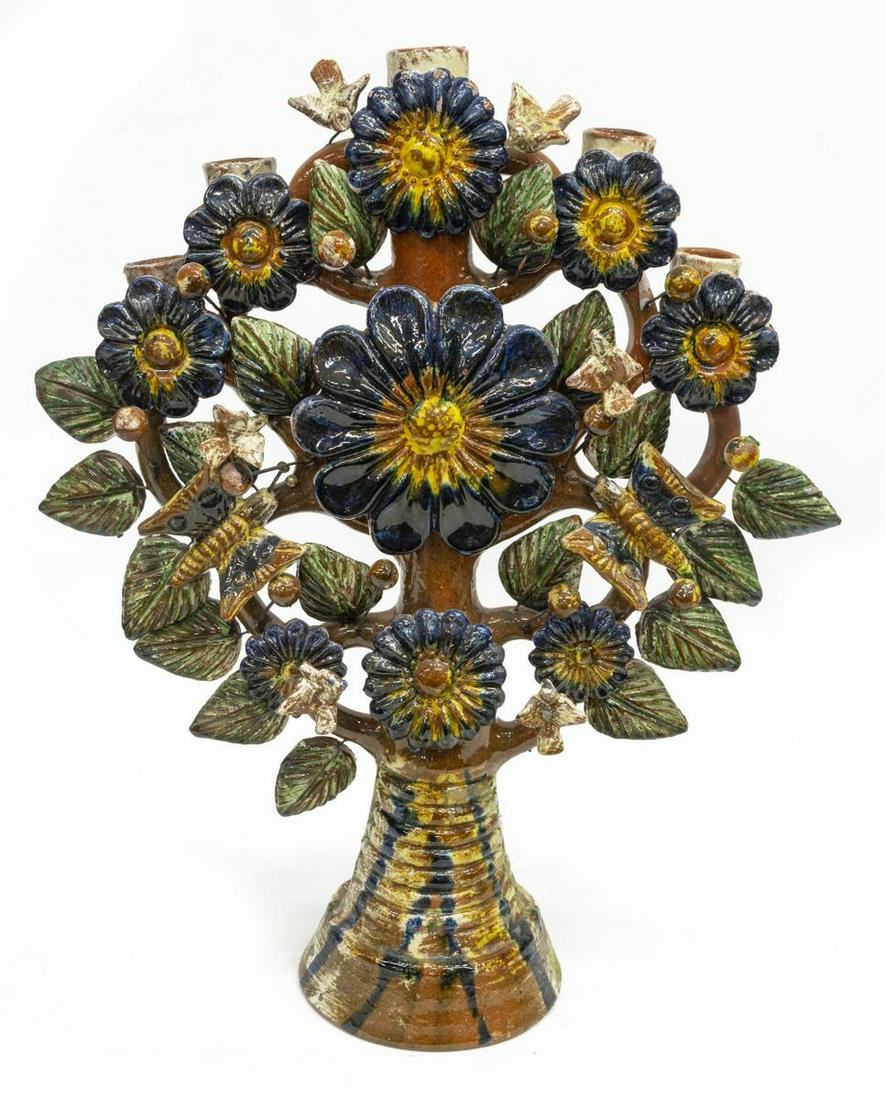 HAND-PAINTED EARTHENWARE TREE OF LIFE, MEXICO: Hand-painted earthenware Arboles de la Vida (tree of life) sculpture, Metepec, Mexico, glazed in blue, yellow, and green, with five candle holders to top, butterflies and birds perched in branches, wi