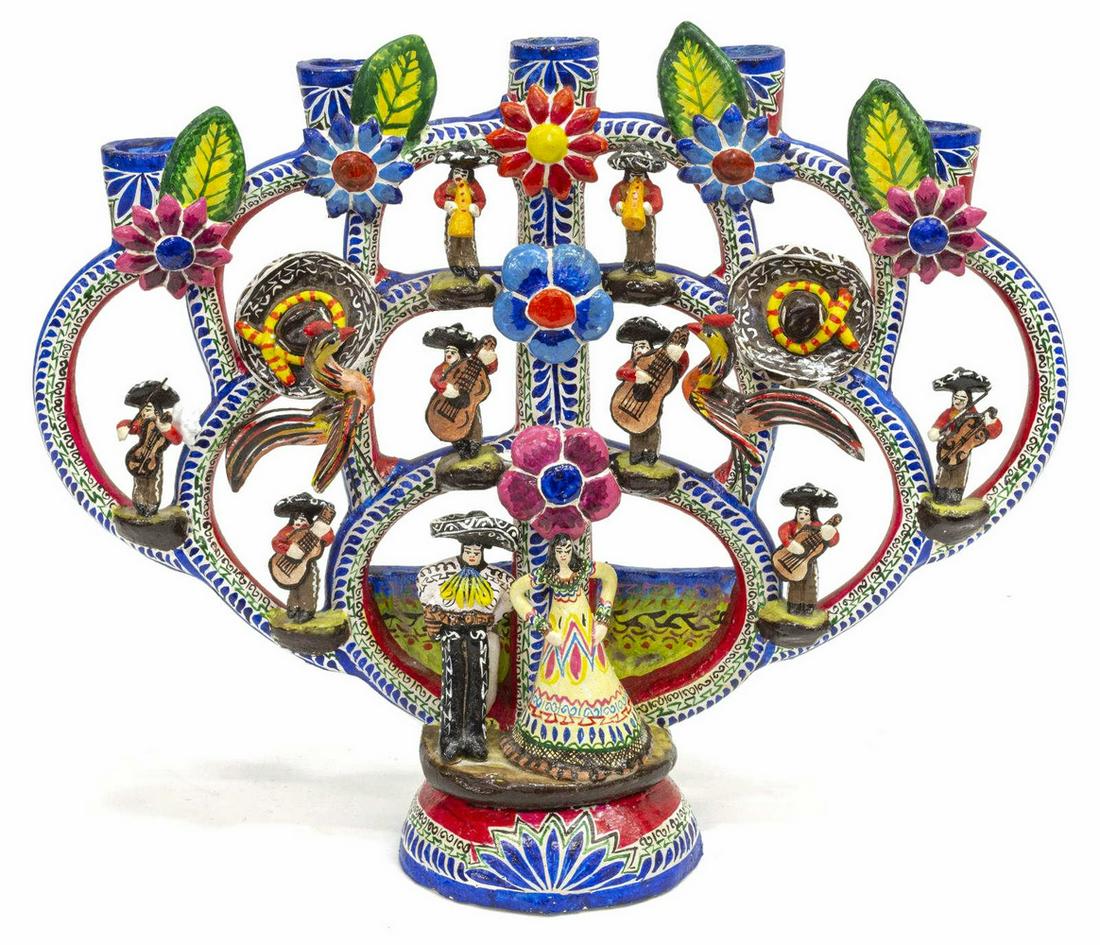HAND-PAINTED EARTHENWARE TREE OF LIFE, MEXICO: Hand-painted earthenware arboles de la vida (tree of life), Puebla, Mexico, having five candle holders to top, decorated with mariachis/musicians, birds, and flowers, on blue and white branches, some 