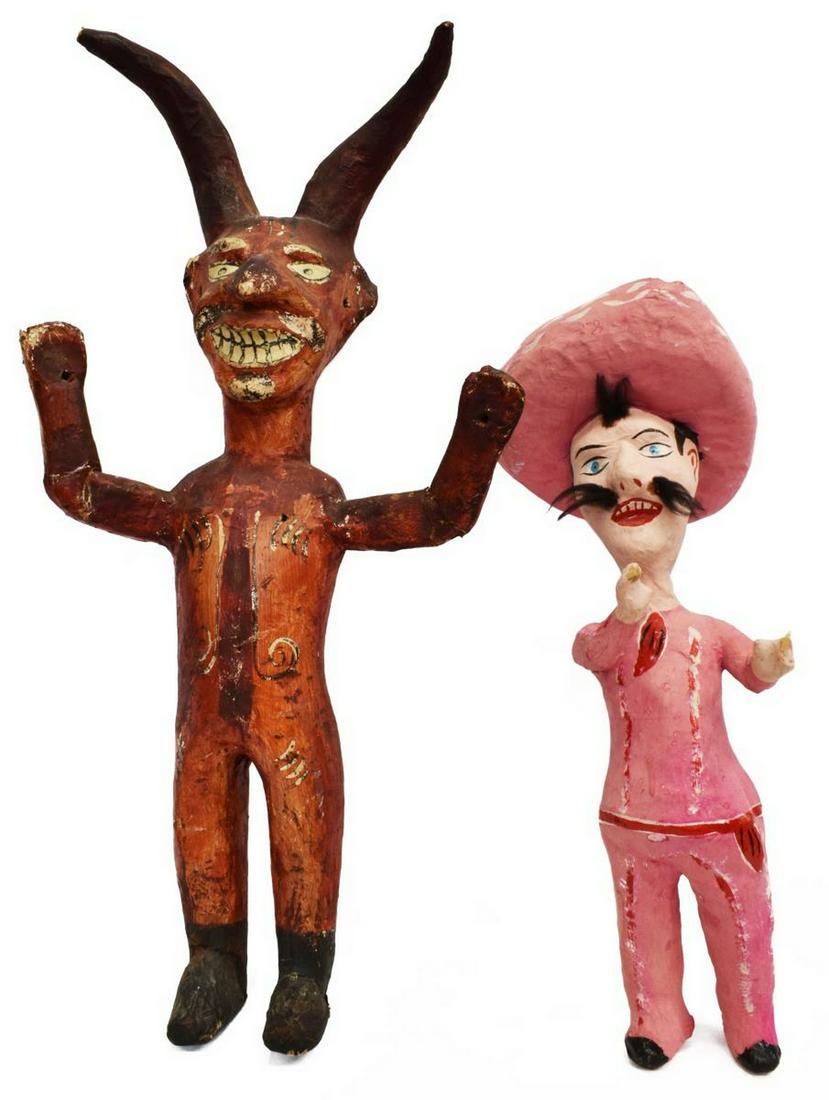 (2) HAND-PAINTED PAPIER-MACHE FIGURES, MEXICO: (lot of 2) Papier-mache/ Cartoneria figures, Mexico, for use on the Day of Judas, including: (1) Judas diablo/ devil, having two horns, arms lifted, loss to tip of horn, restoration to arm, approx 35"