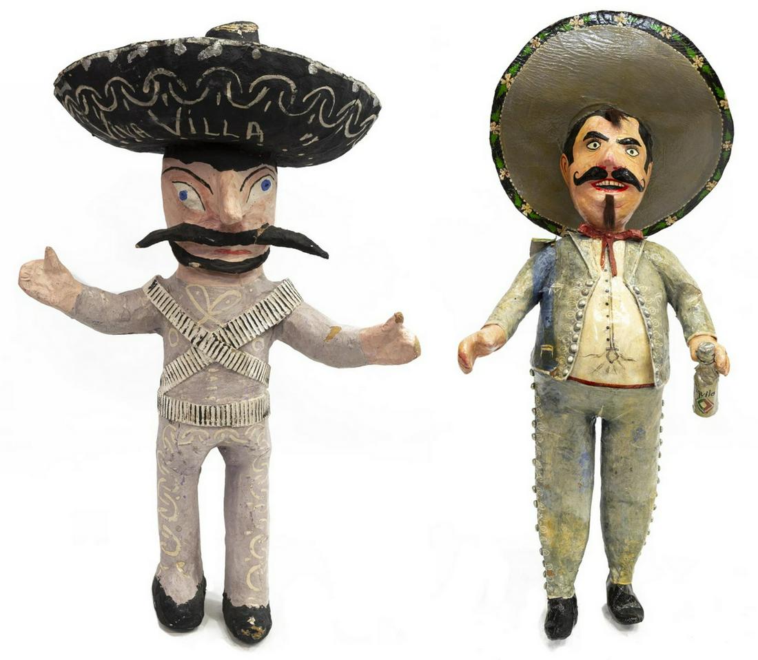(2) HAND-PAINTED PAPIER-MACHE FIGURES, MEXICO: (lot of 2) Papier-mache/ Cartoneria figures, Mexico, for use on the Day of Judas, including: (1) with teal suit, large sombrero with floral border, textured hair and beard, arms open, retaining partia