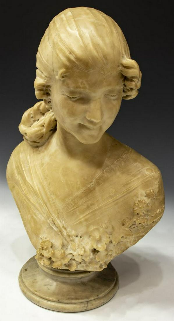 LARGE FRENCH ALABASTER BUST OF A BEAUTY: Large French alabaster bust of a beauty, early 20th c., her gown with carved floral trim, rising on a socle base, some fissures, chips, unsigned, approx 24"h, 16"w, 10"d Start Price: $200.00
