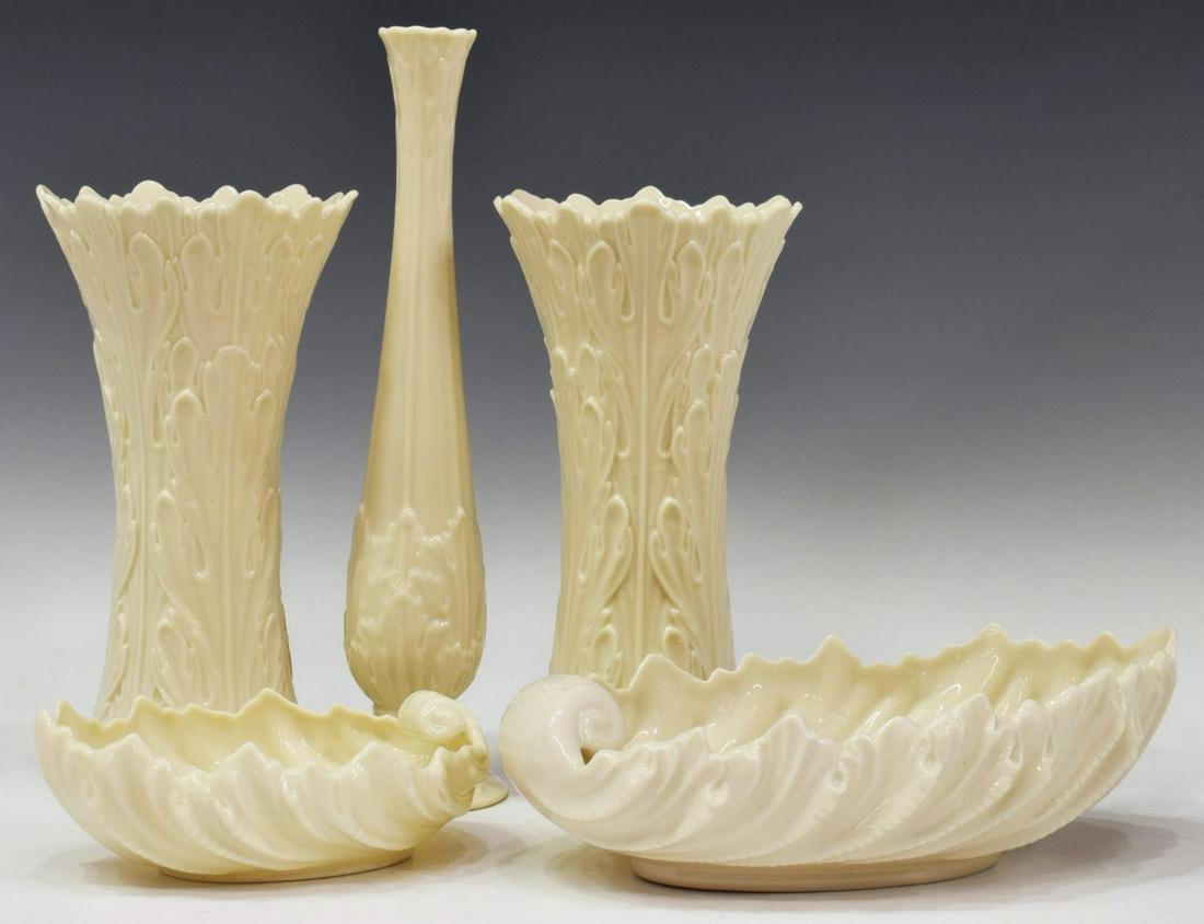 (5) LENOX PORCELAIN WOODLAND VASES & SHELL BOWLS: (lot of 5) Lenox porcelain cabinet ware, including: (2) "Woodland Collection" flowers vases, scalloped rim, embossed foliate motif, approx 8.5"h, 4.25"diam, (1) "Woodland Collection" bud vase, narrow 