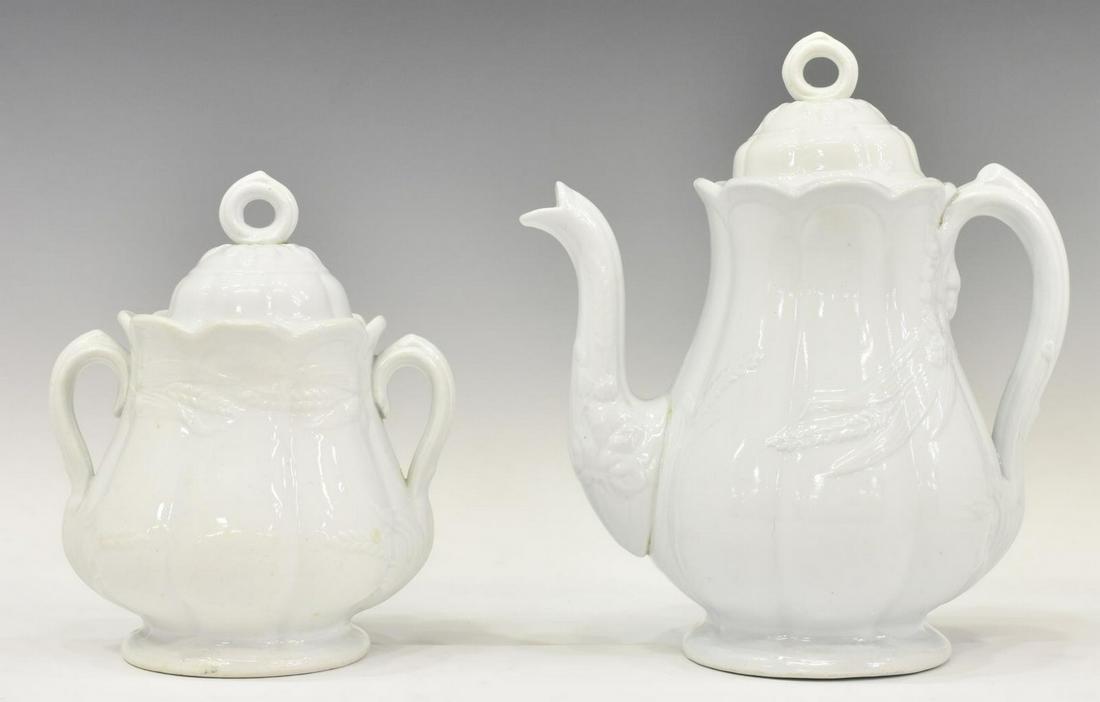 (2) J&G MEAKIN WHEAT & HOPS TEAPOT & SUGAR BOWL: (lot of 2) English white ironstone tableware, James and George Meakin, mid to late 19th c., in the wheat and hops pattern (also known as wheat and blackberry), including: (1) covered sugar bowl, appro