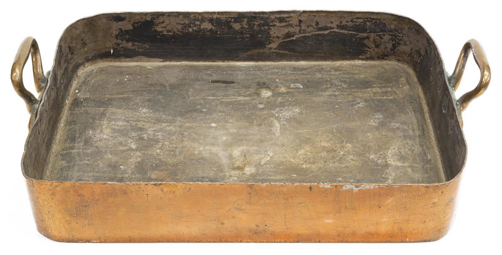 LARGE FRENCH COPPER HANDLED ROASTING PAN: Large French copper roasting pan, with side handles, ECC stamped on side, approx 5.5"h, 23.5"w, 16"d Start Price: $80.00