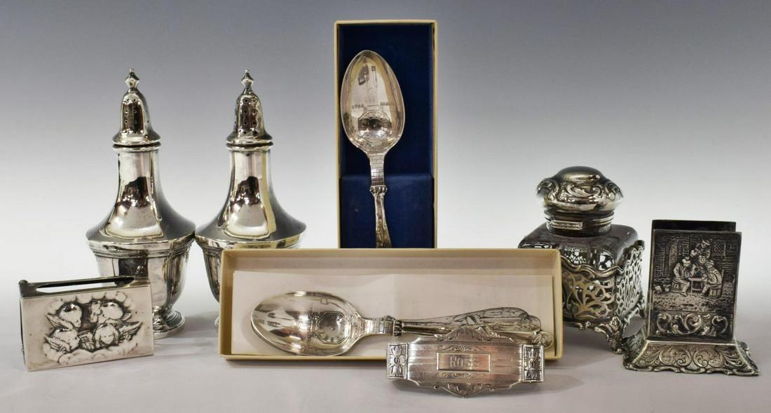 (8) STERLING SILVER TABLEWARE, DESK ACCESSORIES: (lot of 8) Sterling silver tableware and accessories, including: including: (2) International Sterling "Trianon" salt and pepper shakers, approx 5.5"h, (1) Gorham sterling-mounted glass inkwell, c.189