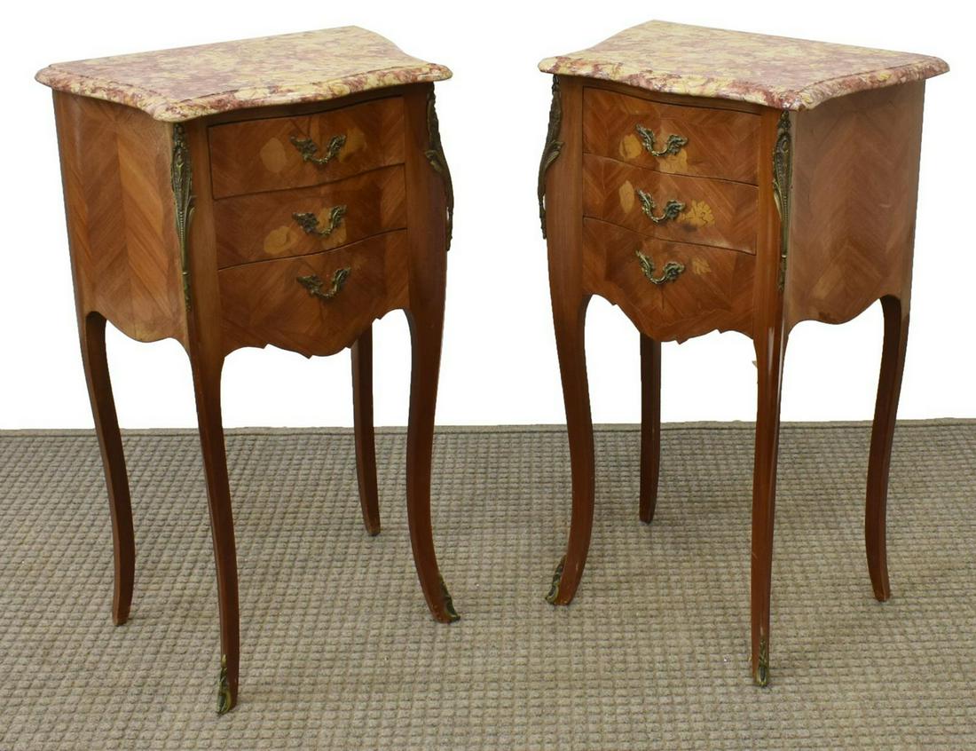 (2) FRENCH LOUIS XV STYLE MARBLE-TOP NIGHTSTANDS: (pair) French Louis XV style mahogany bedside tables, 20th c., marble top over parquetry case, three drawers with floral marquetry, rising on slim cabriole legs, ending in sabots, approx 29"h, 17.25"w
