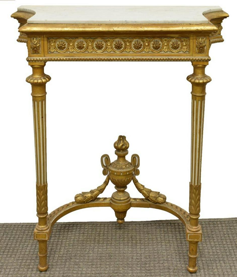 FRENCH LOUIS XVI STYLE MARBLE-TOP GILTWOOD CONSOLE: French Louis XVI style console table/ wall bracket, 20th c., marble top over giltwood frame, with floral molded apron, rising on fluted tapered legs, cross stretcher surmounted by flaming urn, approx 