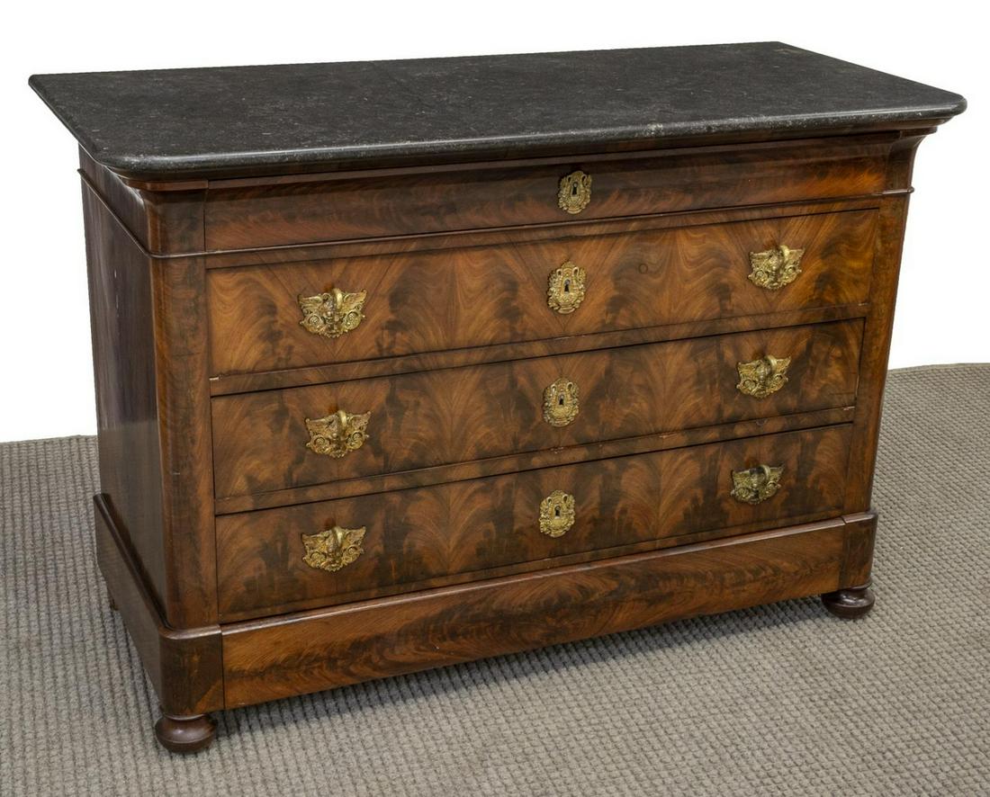 FRENCH EMPIRE STYLE MARBLE-TOP MAHOGANY COMMODE: French Empire style mahogany commode, 19th c., having marble top, over curved case fitted with five drawers, one concealed in molding, with swan-form pulls and matched escutcheon, rising on bun feet, 