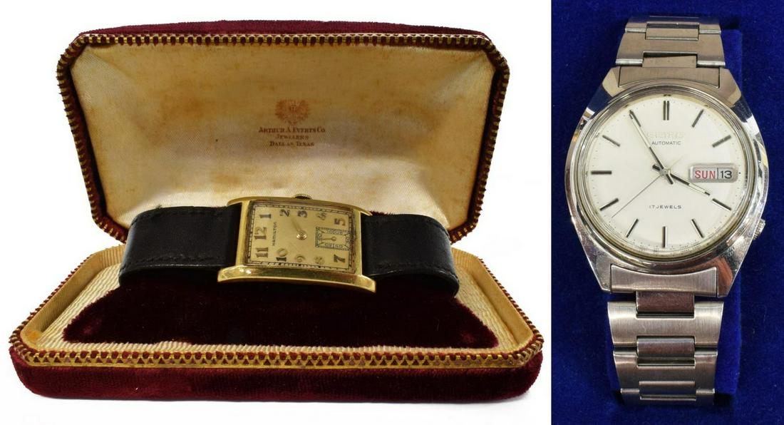 (2) HAMILTON 14K GOLD & SIEKO STAINLESS WATCHES: (lot of 2) Estate Gents wristwatches, including: (1) Hamilton, 14kt yellow gold rectangular case, inscription reading "from Mother, to Joe," on a worn black leather strap, case: approx 35 mm x 20 mm, 