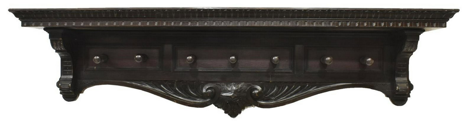 ITALIAN RENAISSANCE REVIVAL WALNUT CARVED HAT RACK: Italian Renaissance Revival walnut hat rack, 19th c., having ornamental borders, scrollwork and foliate carving, paneled back, fitted with seven turned hooks, approx 18"h, 67"w, 12"d Start Price: $150
